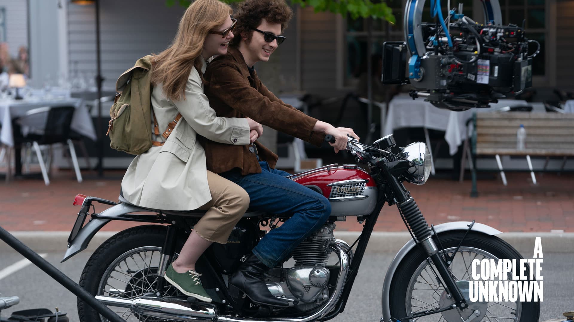 Triumph's Bonneville T100 in motorcycle scene with Timothée Chalamet and Elle Fanning on New Jersey set of Bob Dylan biopic A Complete Unknown